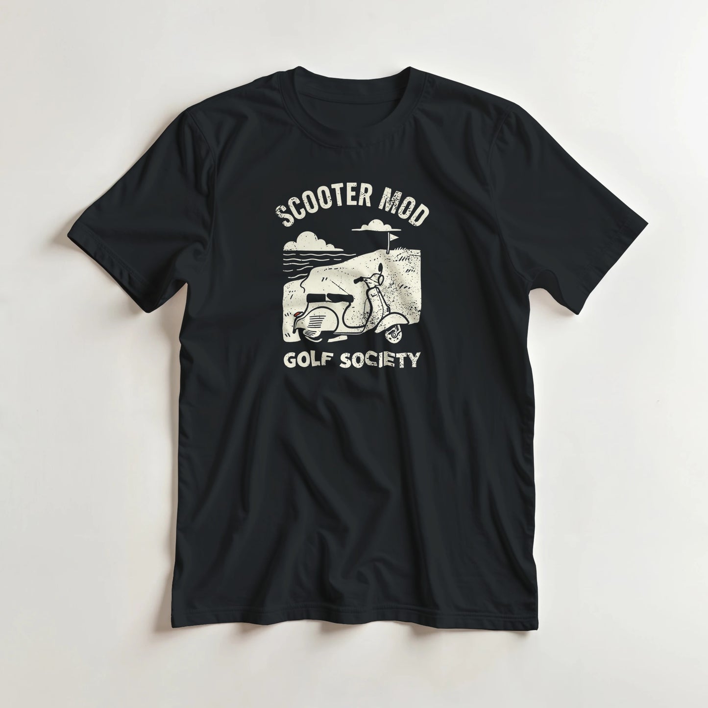 Scooter Mod T-Shirt in Black lying on a plain floor. T-shirt is a unisex cut and 100 per cent cotton.