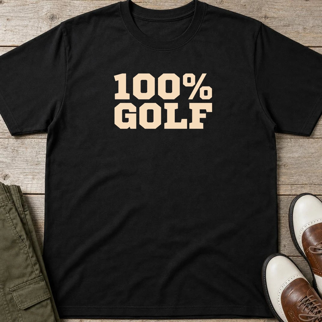 100% Golf T-Shirt in Black lying on a plain floor. T-shirt is a unisex cut and 100 per cent cotton.