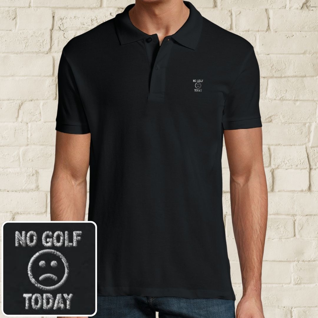 No Golf Today Polo in Black on a light wooden floor lying next to headphones and golf shoes.