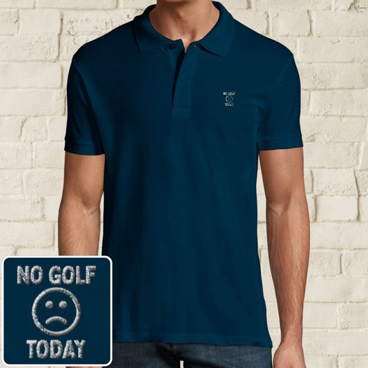 No Golf Today Polo in Denim on a light wooden floor lying next to headphones and golf shoes.