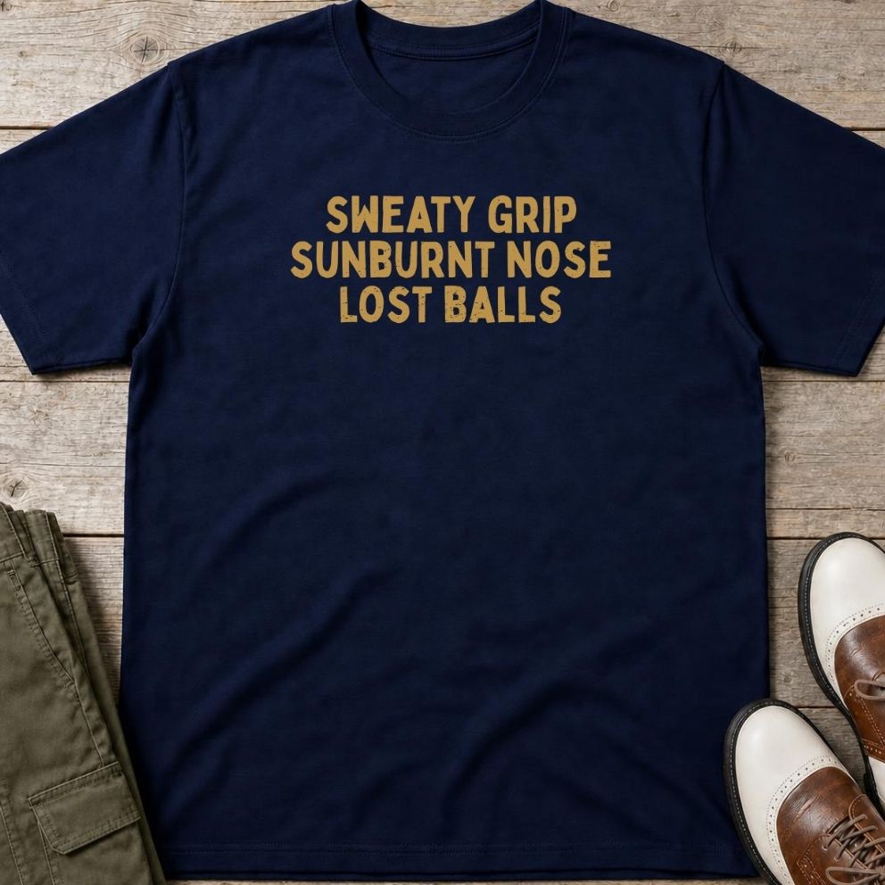 Sweaty Grip T-Shirt in Navy lying on a plain floor. T-shirt is a unisex cut and 100 per cent cotton.