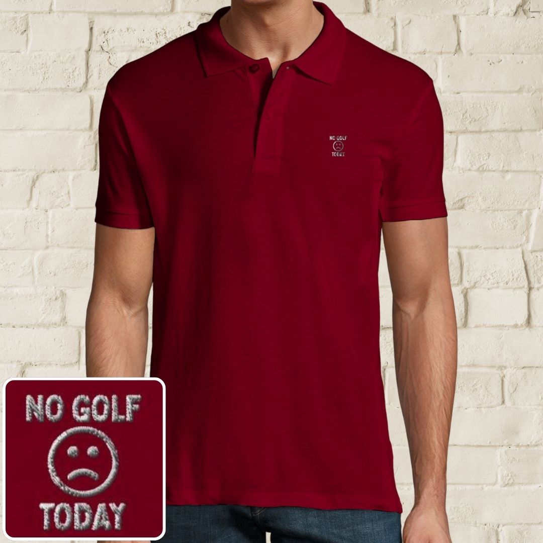 No Golf Today Polo in Maroon on a light wooden floor lying next to headphones and golf shoes.