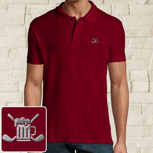 Beer Polo in Maroon on a light wooden floor lying next to headphones and golf shoes.