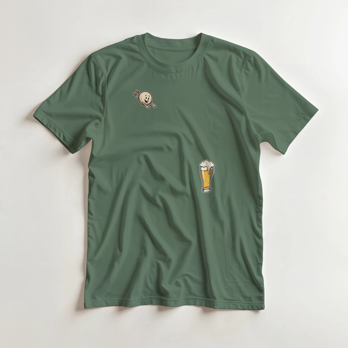 Flying Golf & Beer T-Shirt in Military Green lying on a plain floor. T-shirt is a unisex cut and 100 per cent cotton.