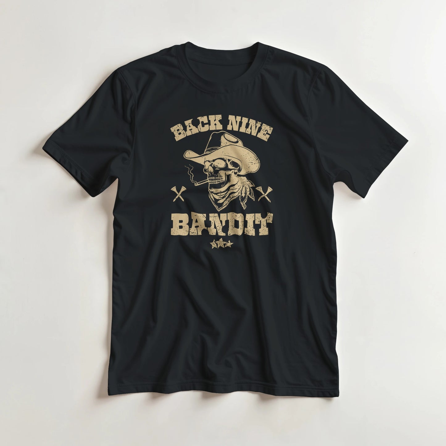 Back Nine Bandit T-Shirt in lying on a plain floor. T-shirt is a unisex cut and 100 per cent cotton.