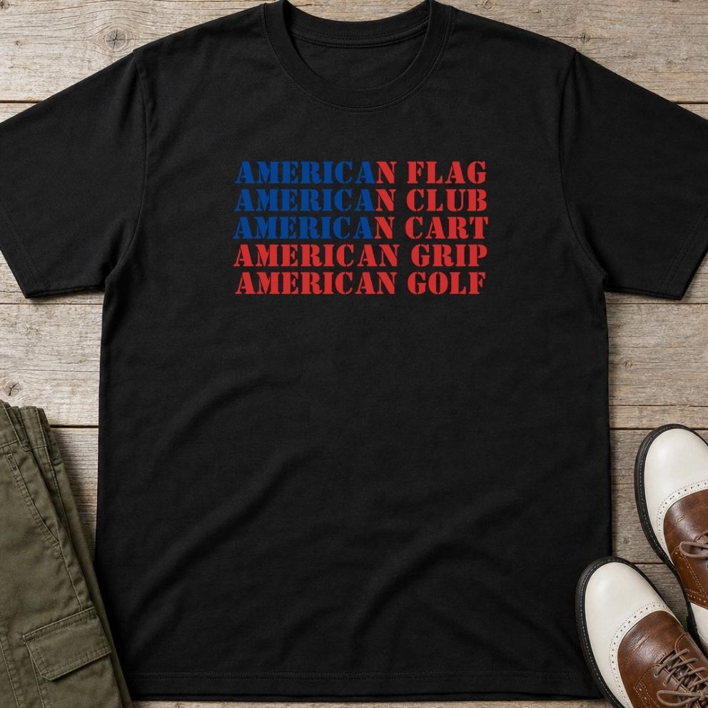 American Golf T-Shirt in Black lying on a plain floor. T-shirt is a unisex cut and 100 per cent cotton.