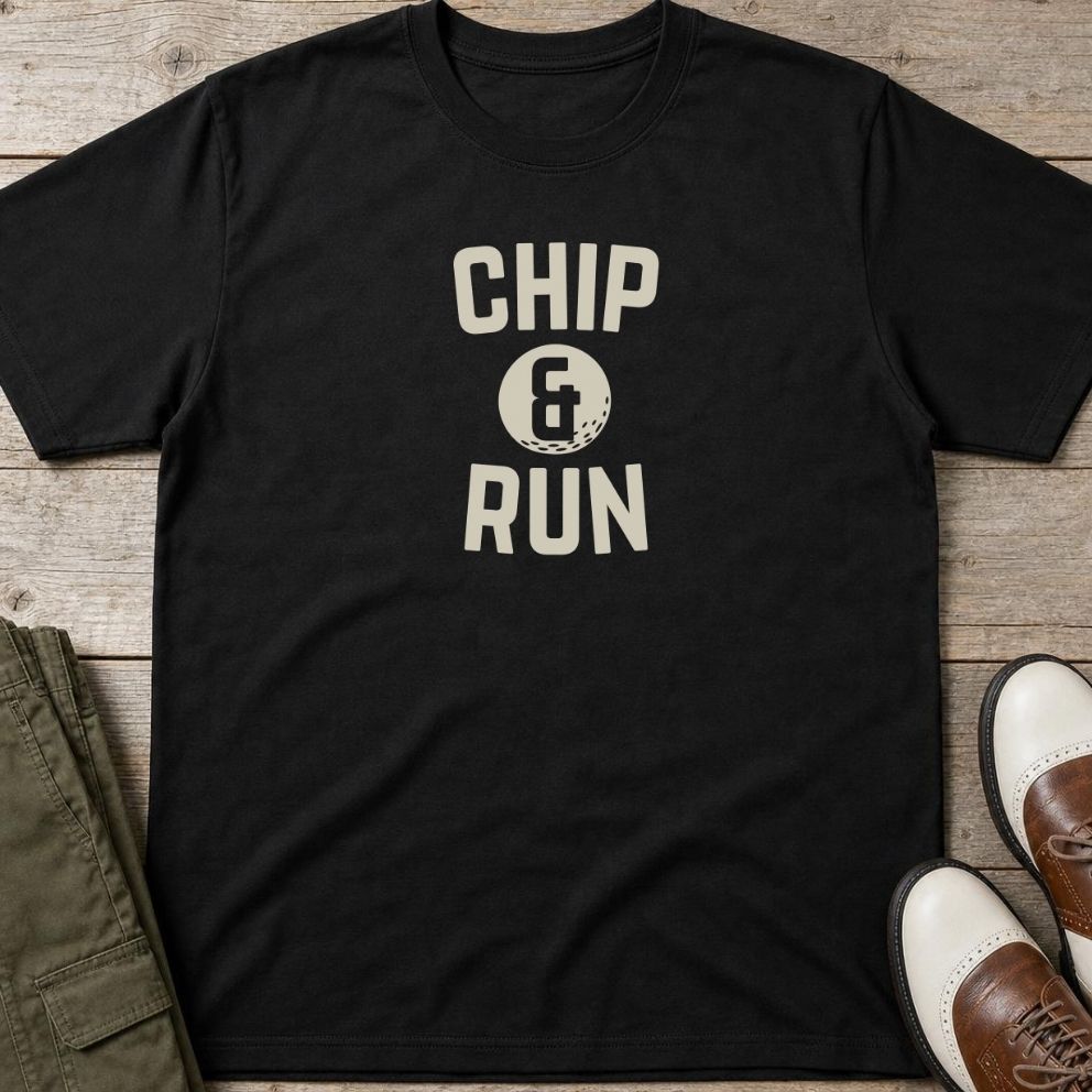Chip & Run T-Shirt in Black lying on a plain floor. T-shirt is a unisex cut and 100 per cent cotton.