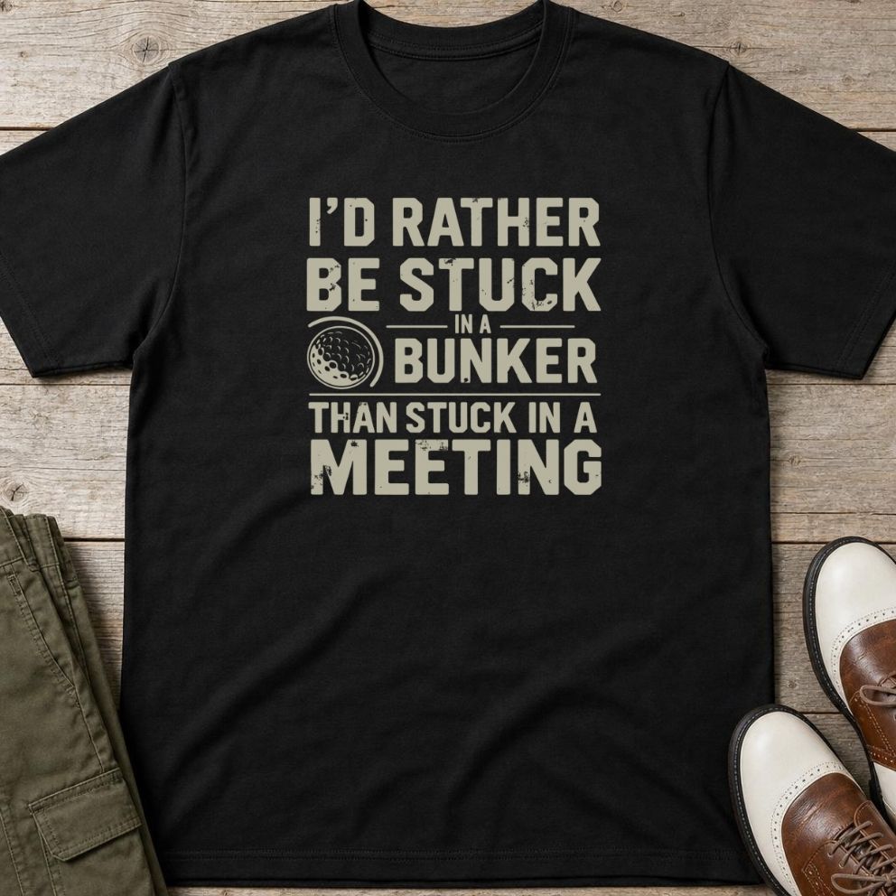 Stuck In Bunker T-Shirt in Black lying on a plain floor. T-shirt is a unisex cut and 100 per cent cotton.