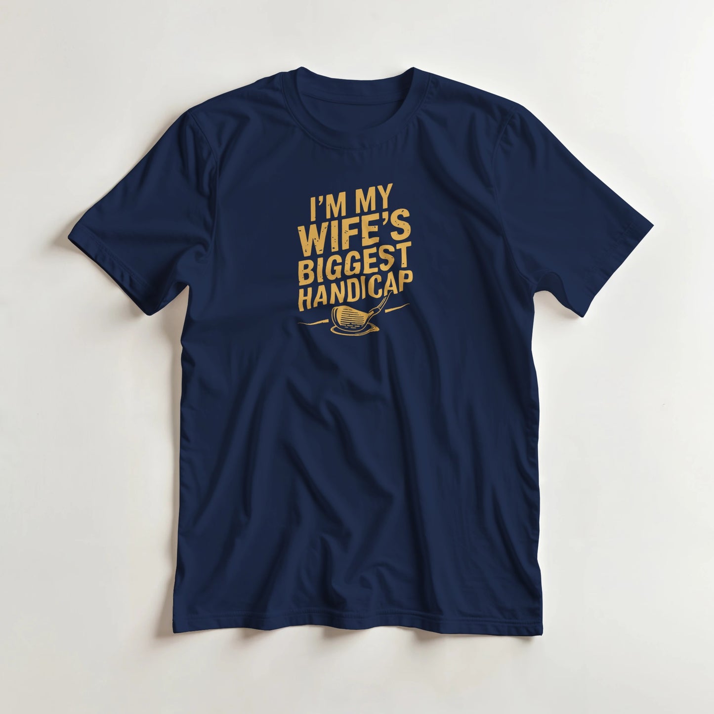 Biggest Handicap T-Shirt in Navy lying on a plain floor. T-shirt is a unisex cut and 100 per cent cotton.