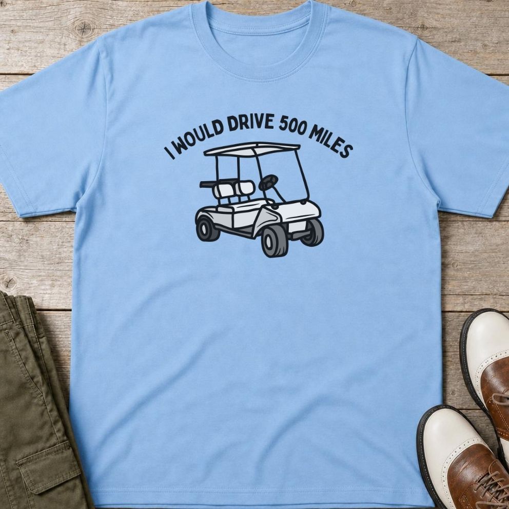 500 Miles T-Shirt in Light Blue lying on a plain floor. T-shirt is a unisex cut and 100 per cent cotton.