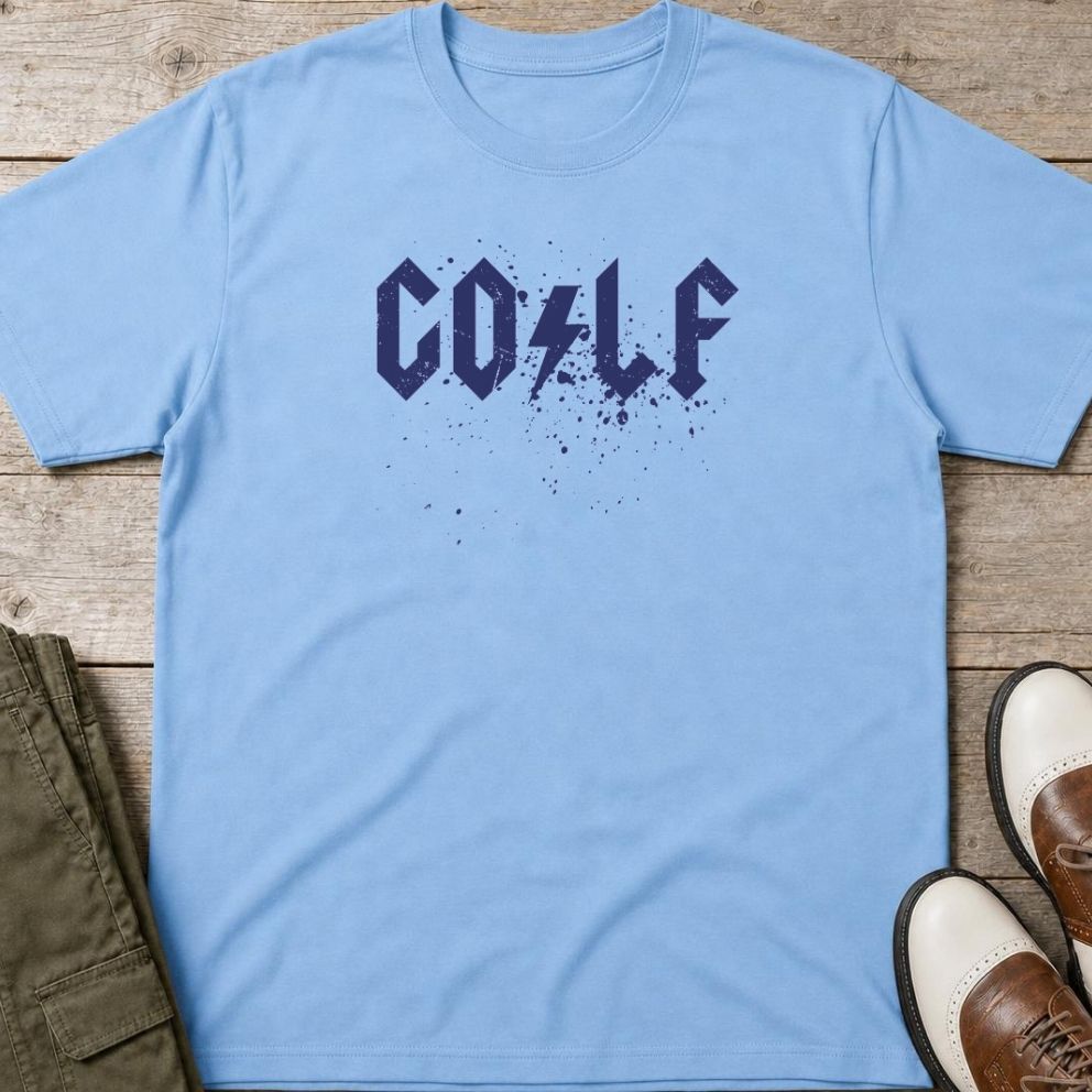 Golf Spray T-Shirt in Light Blue lying on a plain floor. T-shirt is a unisex cut and 100 per cent cotton.