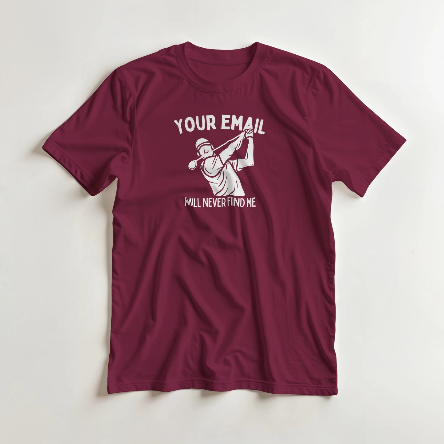Your Email T-Shirt in Maroon lying on a plain floor. T-shirt is a unisex cut and 100 per cent cotton.