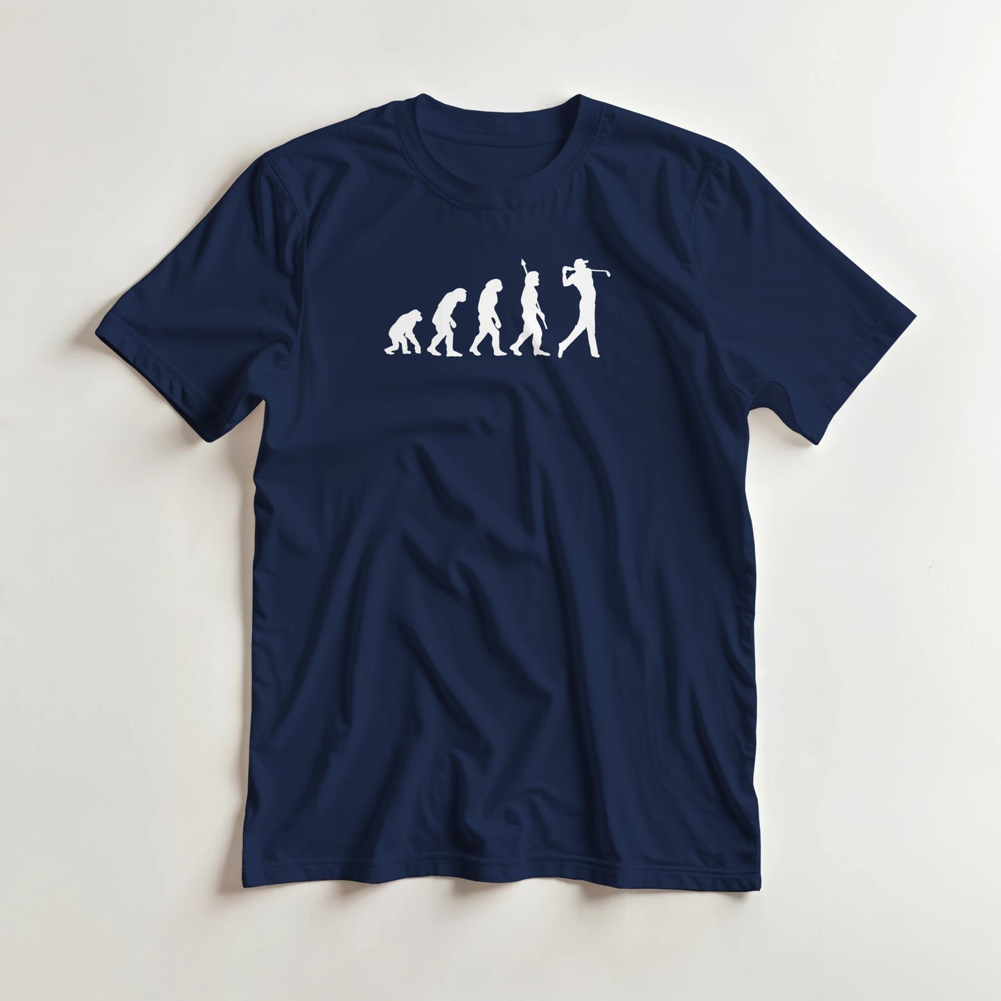 Evolution T-Shirt in Navy 3XL lying on a plain floor. T-shirt is a unisex cut and 100 per cent cotton.