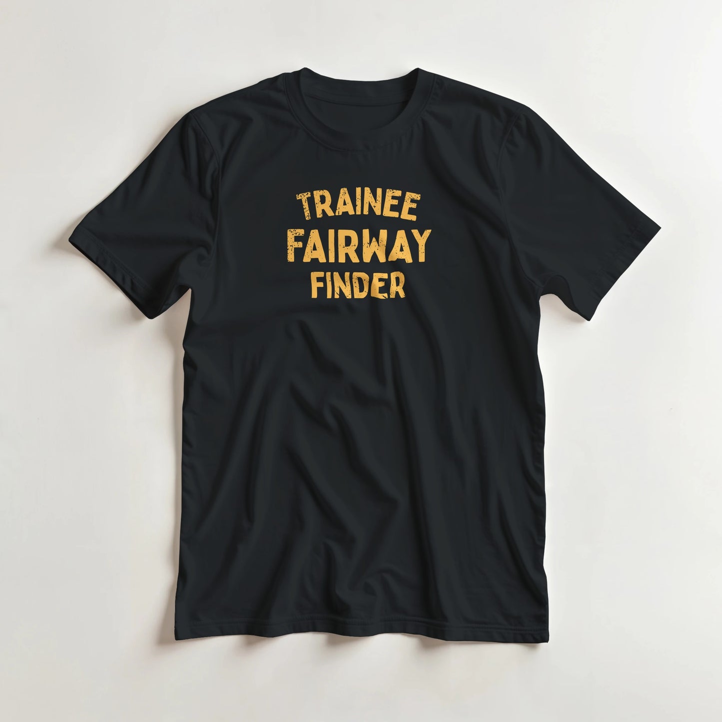 Fairway Finder T-Shirt in Black 3XL lying on a plain floor. T-shirt is a unisex cut and 100 per cent cotton.