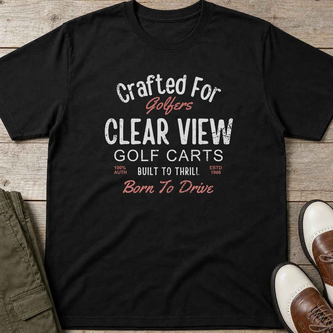 Clear View T-Shirt in Black lying on a plain floor. T-shirt is a unisex cut and 100 per cent cotton.