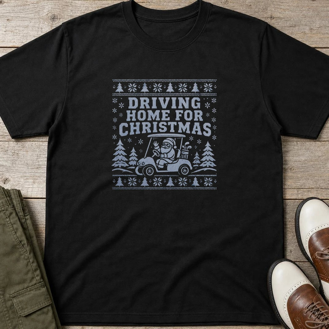 Driving Home T-Shirt in Black lying on a plain floor. T-shirt is a unisex cut and 100 per cent cotton.