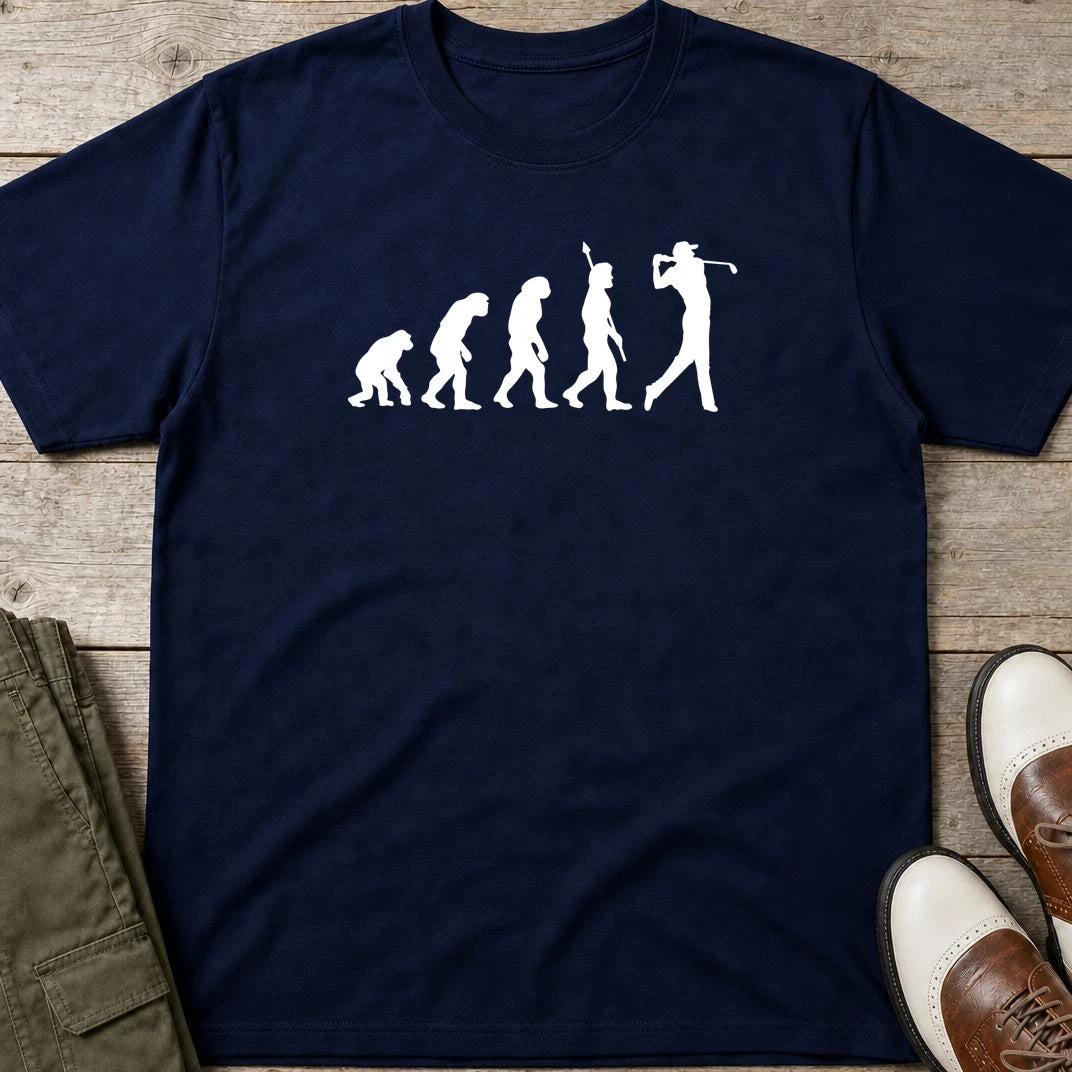 Evolution T-Shirt in Navy lying on a plain floor. T-shirt is a unisex cut and 100 per cent cotton.