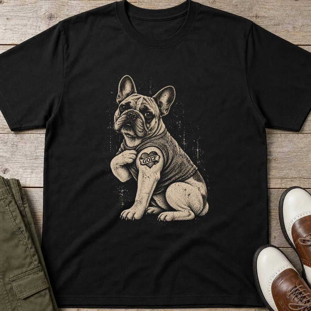 Frenchie Golf T-Shirt in Black lying on a plain floor. T-shirt is a unisex cut and 100 per cent cotton.