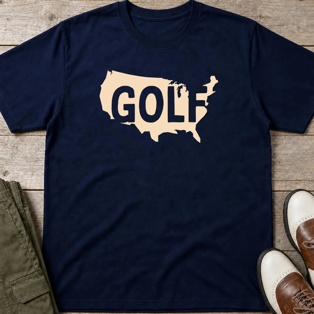 Golf USA T-Shirt in Navy lying on a plain floor. T-shirt is a unisex cut and 100 per cent cotton.