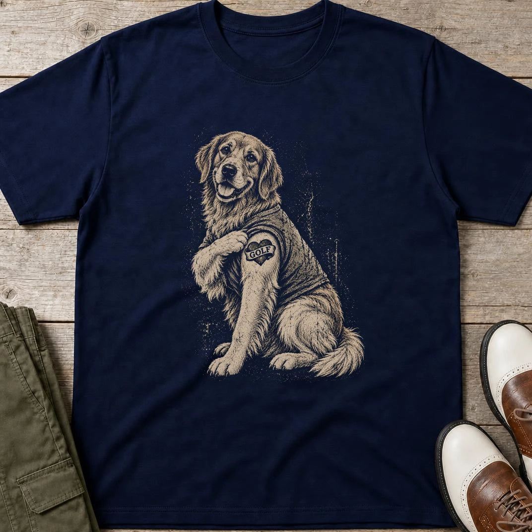 Golden Retriever Golf T-Shirt in Navy lying on a plain floor. T-shirt is a unisex cut and 100 per cent cotton.