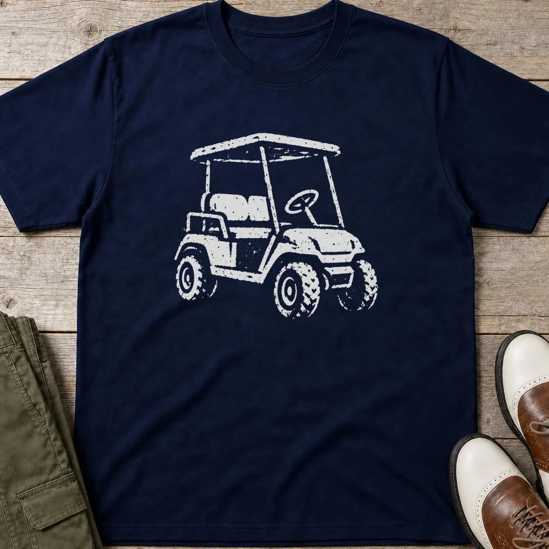 Vintage Golf Cart T-Shirt in Navy lying on a plain floor. T-shirt is a unisex cut and 100 per cent cotton.
