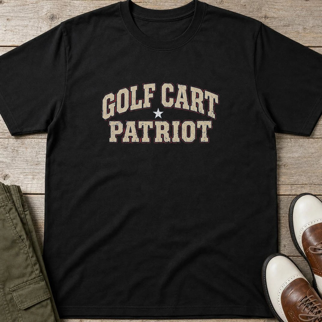 Cart Patriot T-Shirt in Black lying on a plain floor. T-shirt is a unisex cut and 100 per cent cotton.