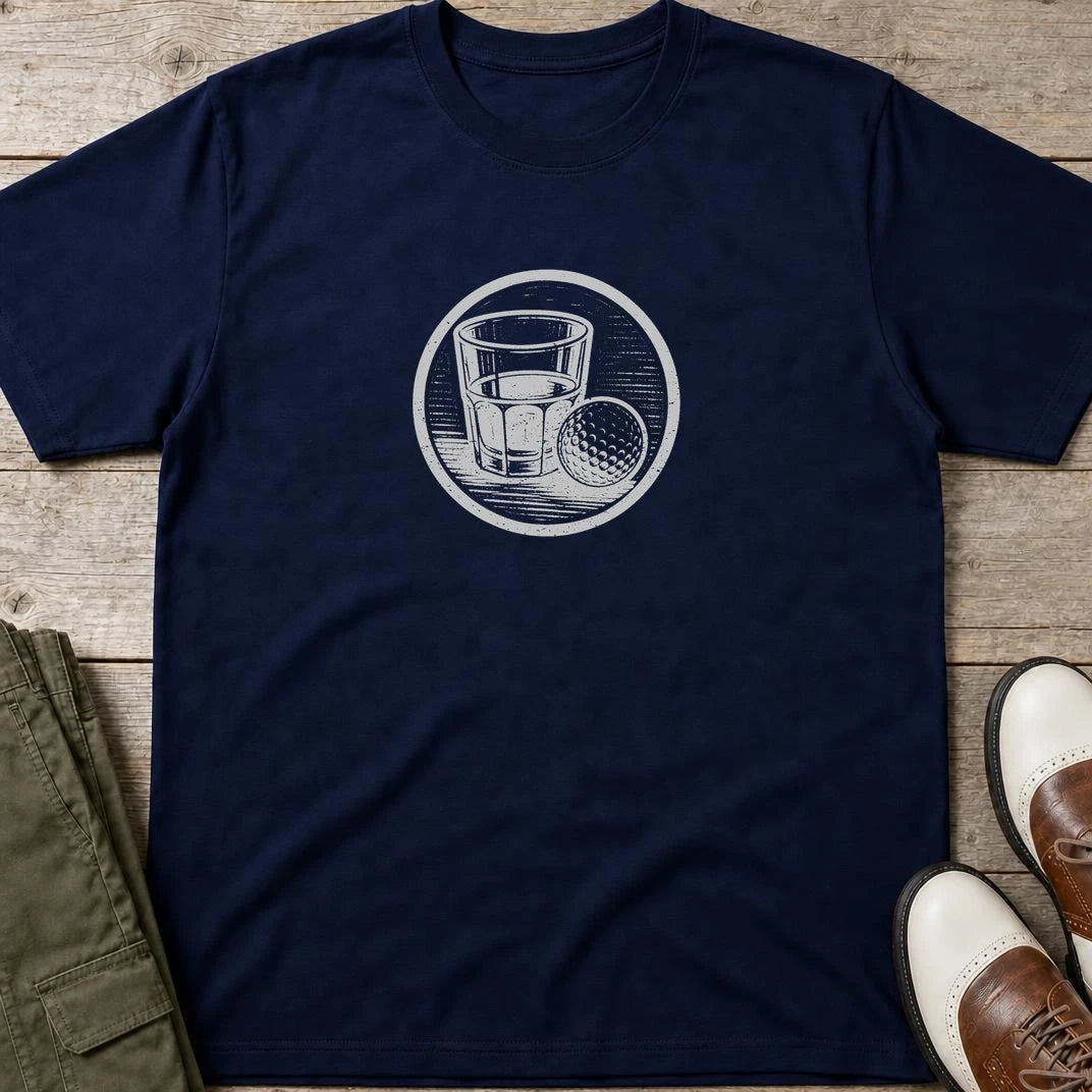 Golf Cheers T-Shirt in Navy lying on a plain floor. T-shirt is a unisex cut and 100 per cent cotton.