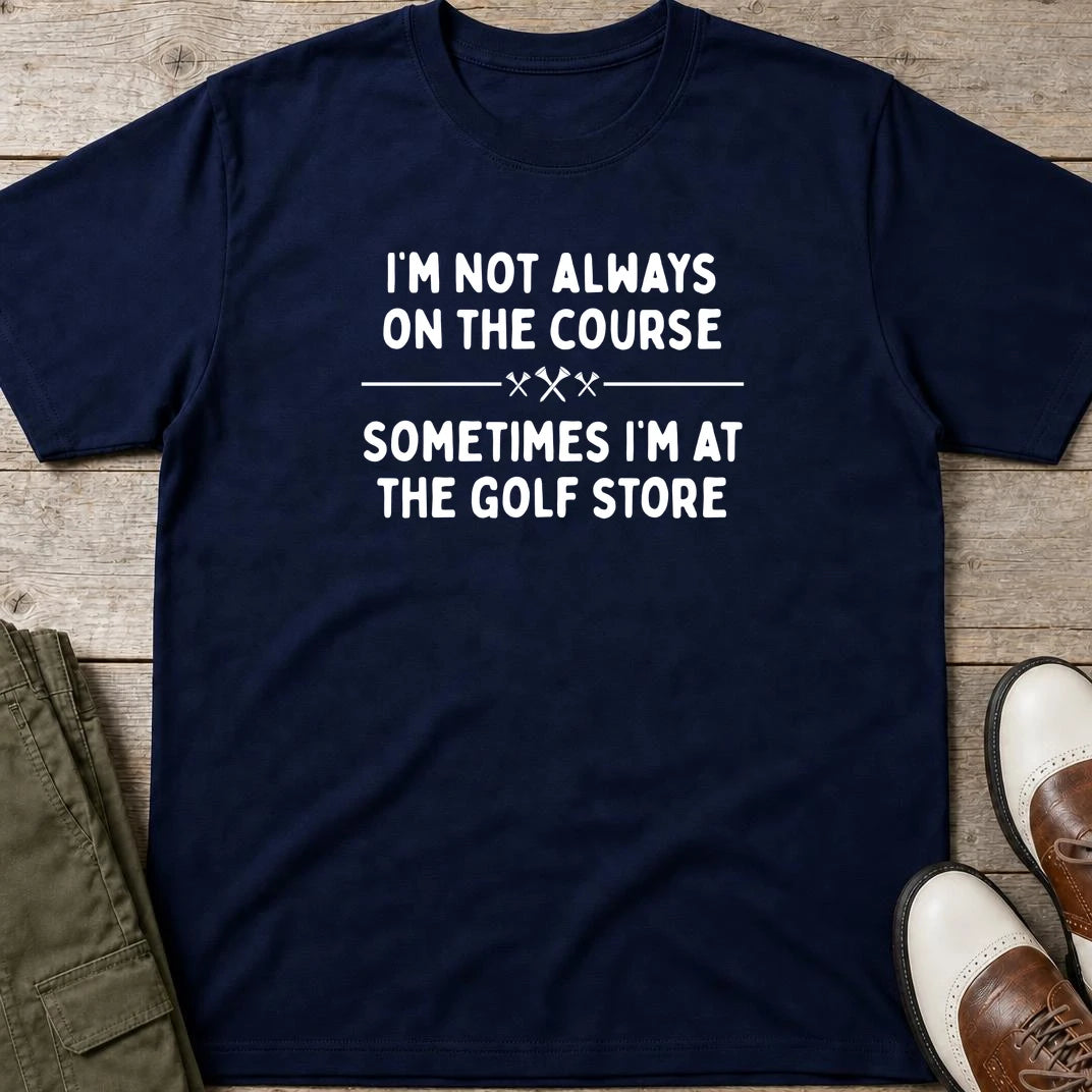 Golf Store T-Shirt in Navy lying on a plain floor. T-shirt is a unisex cut and 100 per cent cotton.