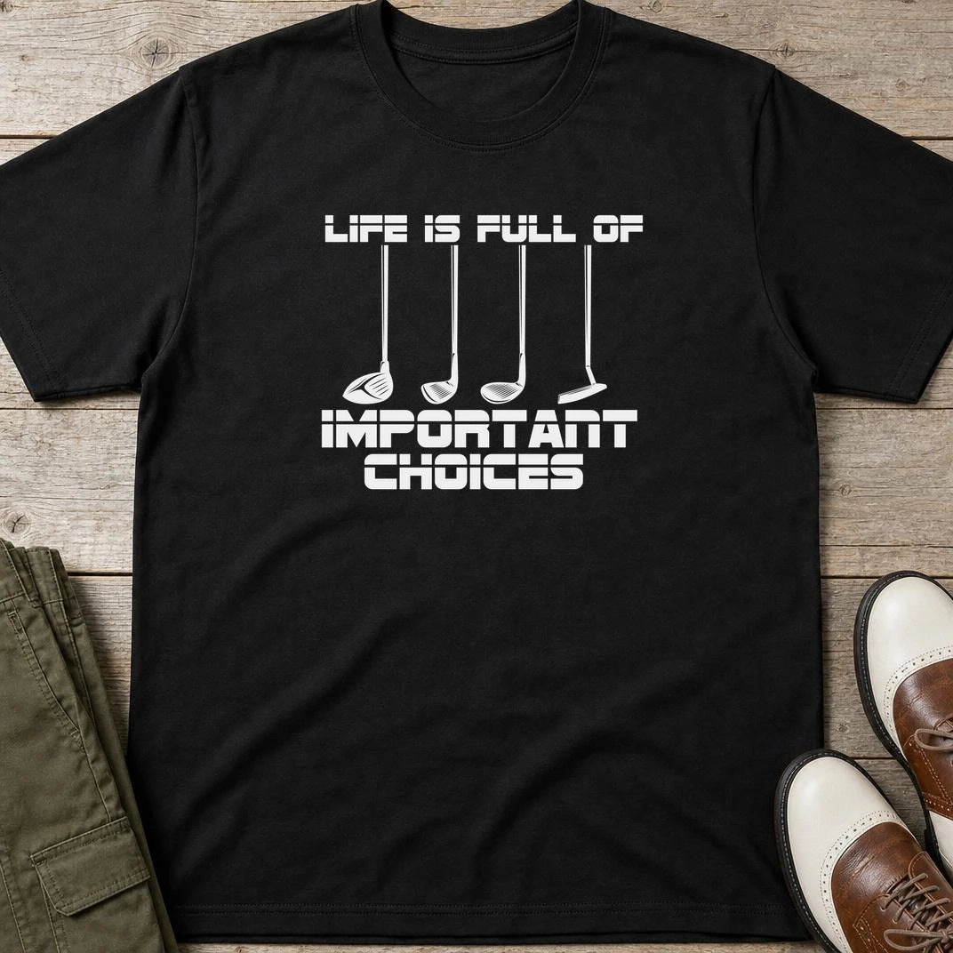 Important Choices T-Shirt in Black lying on a plain floor. T-shirt is a unisex cut and 100 per cent cotton.