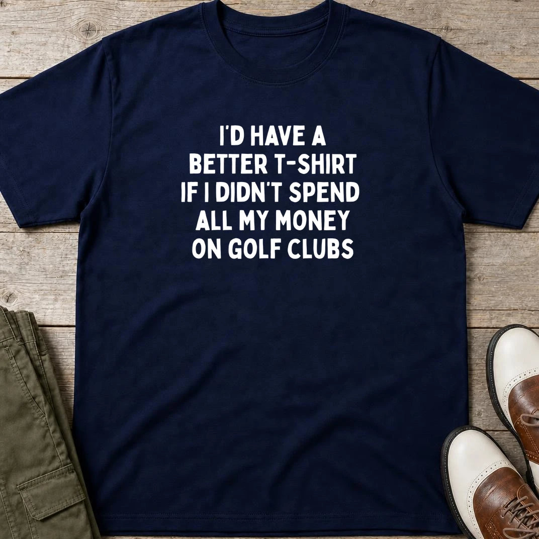 A Better T-Shirt in Navy lying on a plain floor. T-shirt is a unisex cut and 100 per cent cotton.