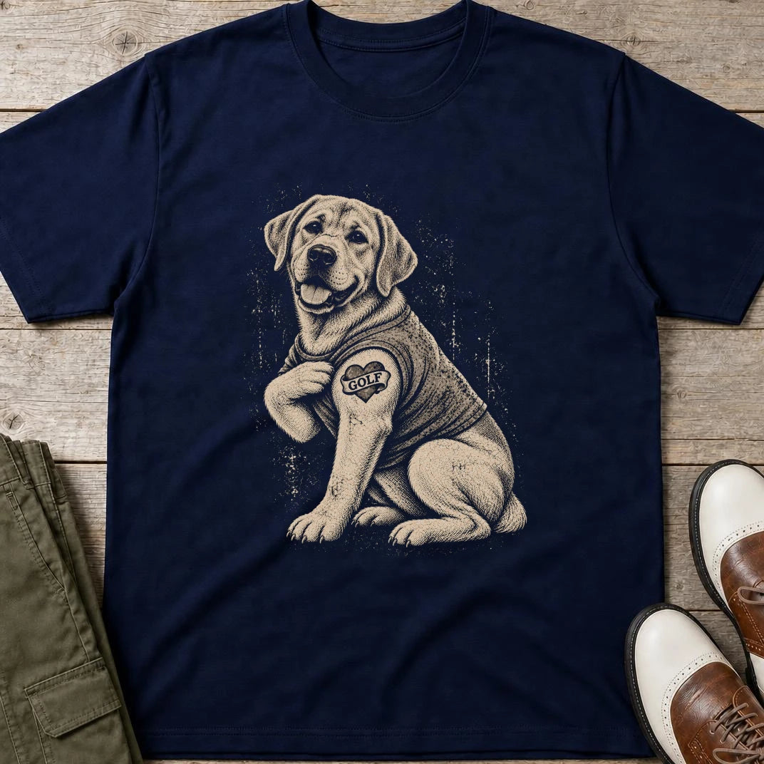 Labrador Golfer T-Shirt in Navy lying on a plain floor. T-shirt is a unisex cut and 100 per cent cotton.