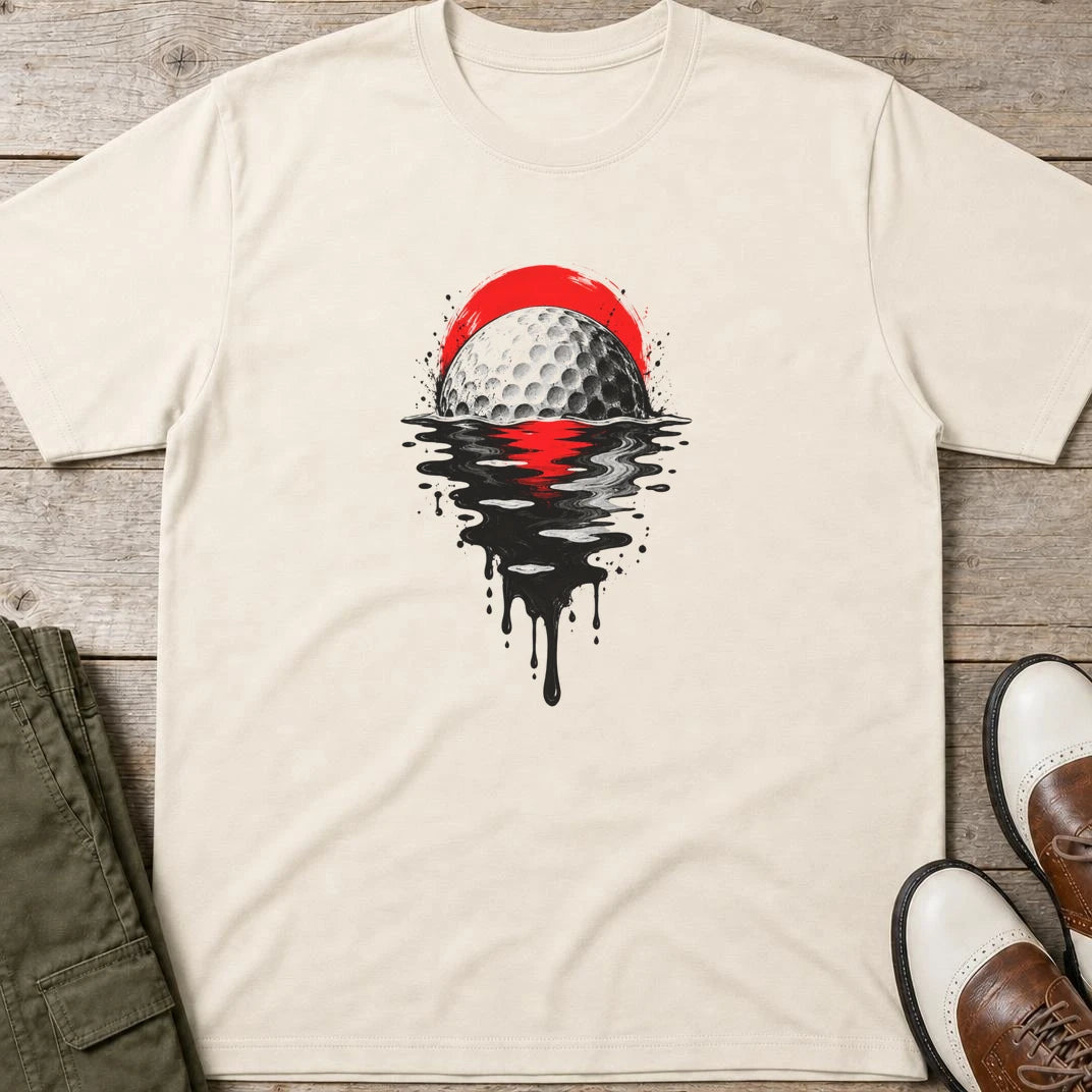 Melting Golf T-Shirt in lying on a plain floor. T-shirt is a unisex cut and 100 per cent cotton.