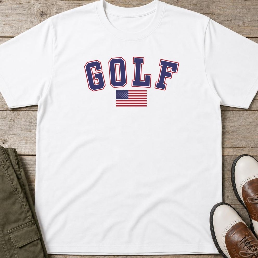 Golf USA Flag T-Shirt in lying on a plain floor. T-shirt is a unisex cut and 100 per cent cotton.