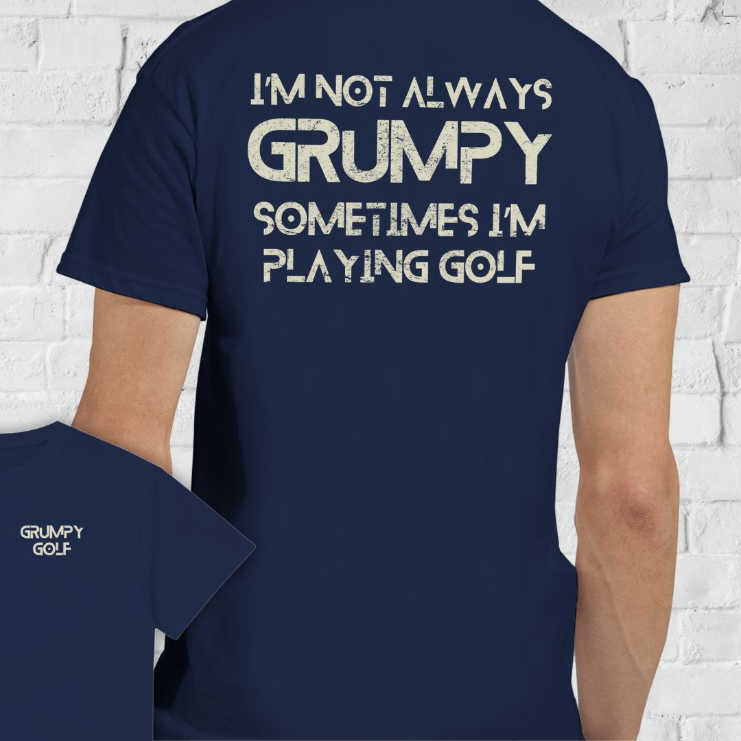 Grumpy Golf Front & Back T-Shirt in Navy lying on a plain floor. T-shirt is a unisex cut and 100 per cent cotton.