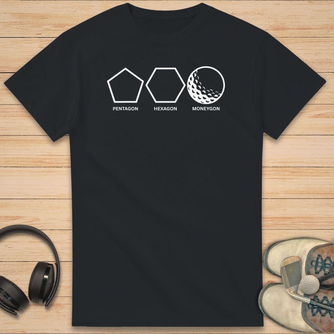 Moneygon T-Shirt in Black on a light wooden floor lying next to headphones and golf shoes.