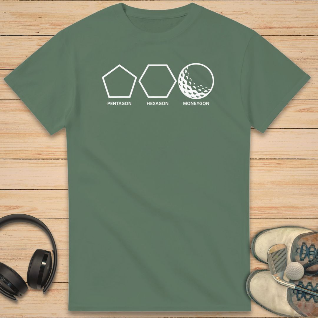 Moneygon T-Shirt in Military Green on a light wooden floor lying next to headphones and golf shoes.