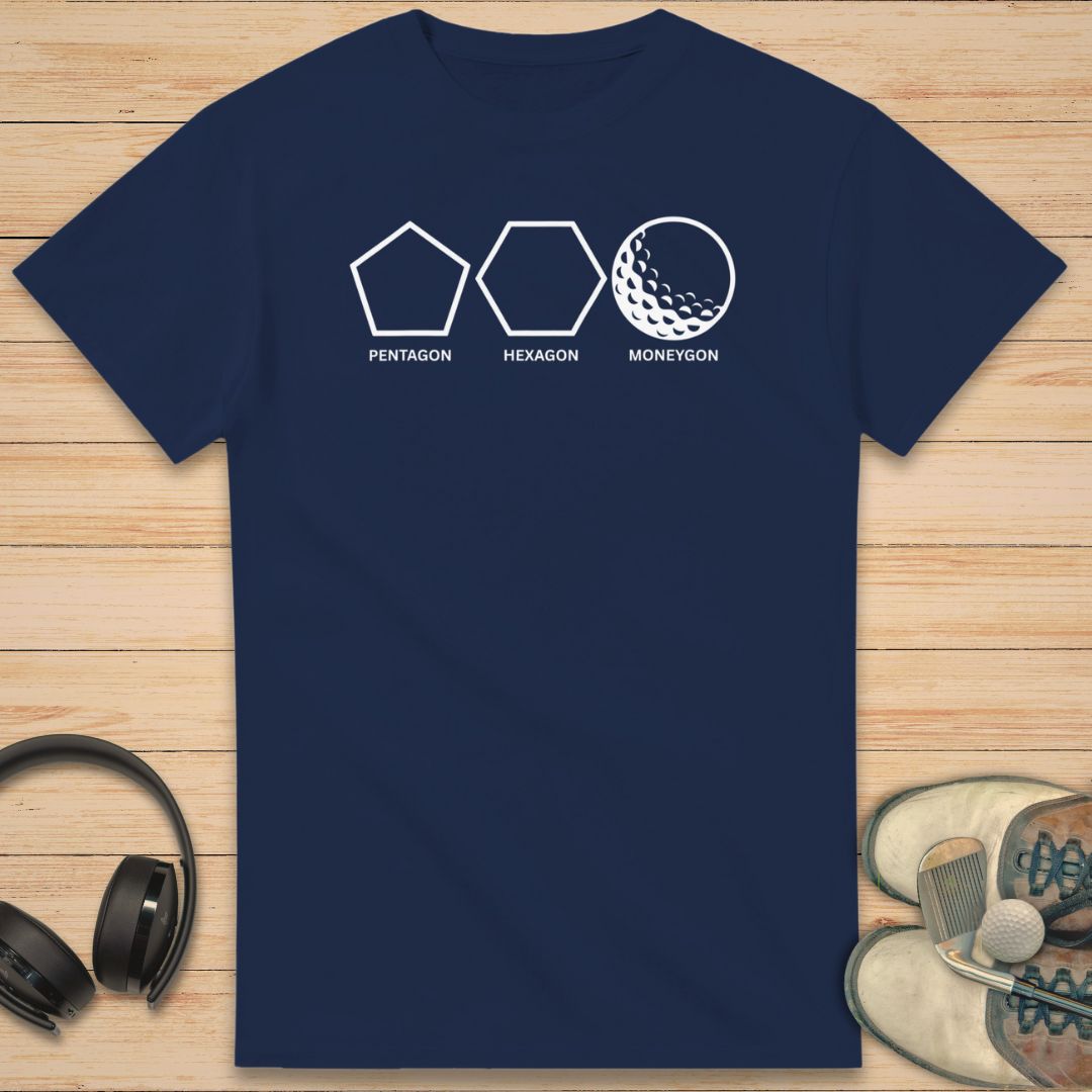 Moneygon T-Shirt in Navy on a light wooden floor lying next to headphones and golf shoes.