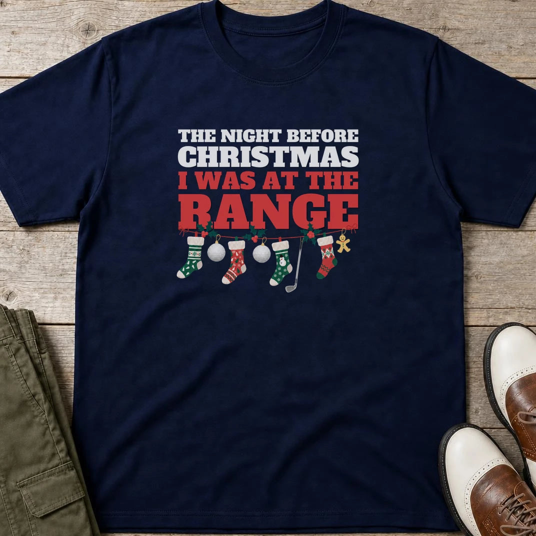 Night Before T-Shirt in Navy lying on a plain floor. T-shirt is a unisex cut and 100 per cent cotton.