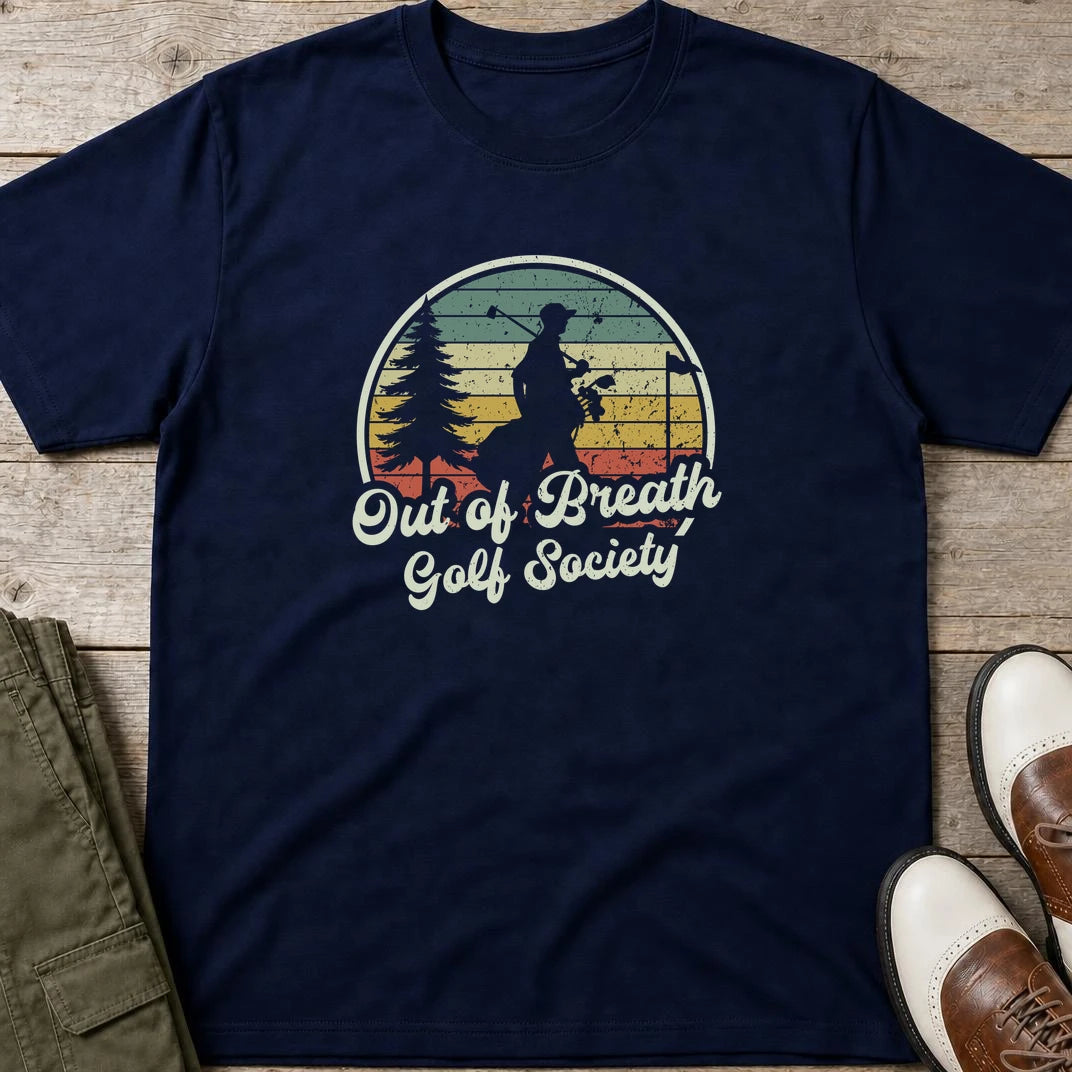 Out of Breath GS T-Shirt in Navy lying on a plain floor. T-shirt is a unisex cut and 100 per cent cotton.
