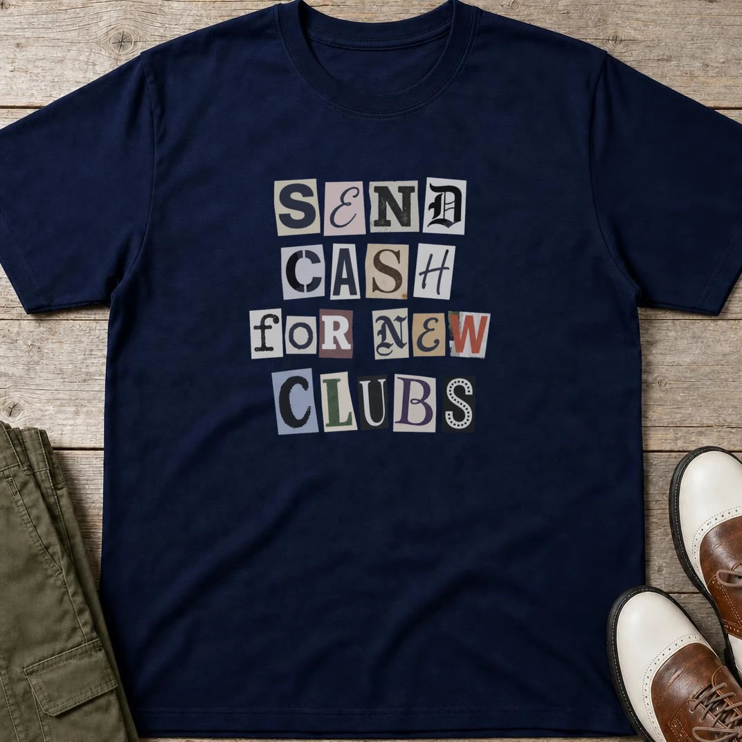 Ransom T-Shirt in Navy lying on a plain floor. T-shirt is a unisex cut and 100 per cent cotton.