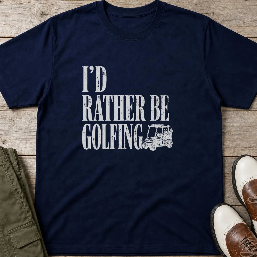 Rather Be Golfing II T-Shirt in Navy lying on a plain floor. T-shirt is a unisex cut and 100 per cent cotton.