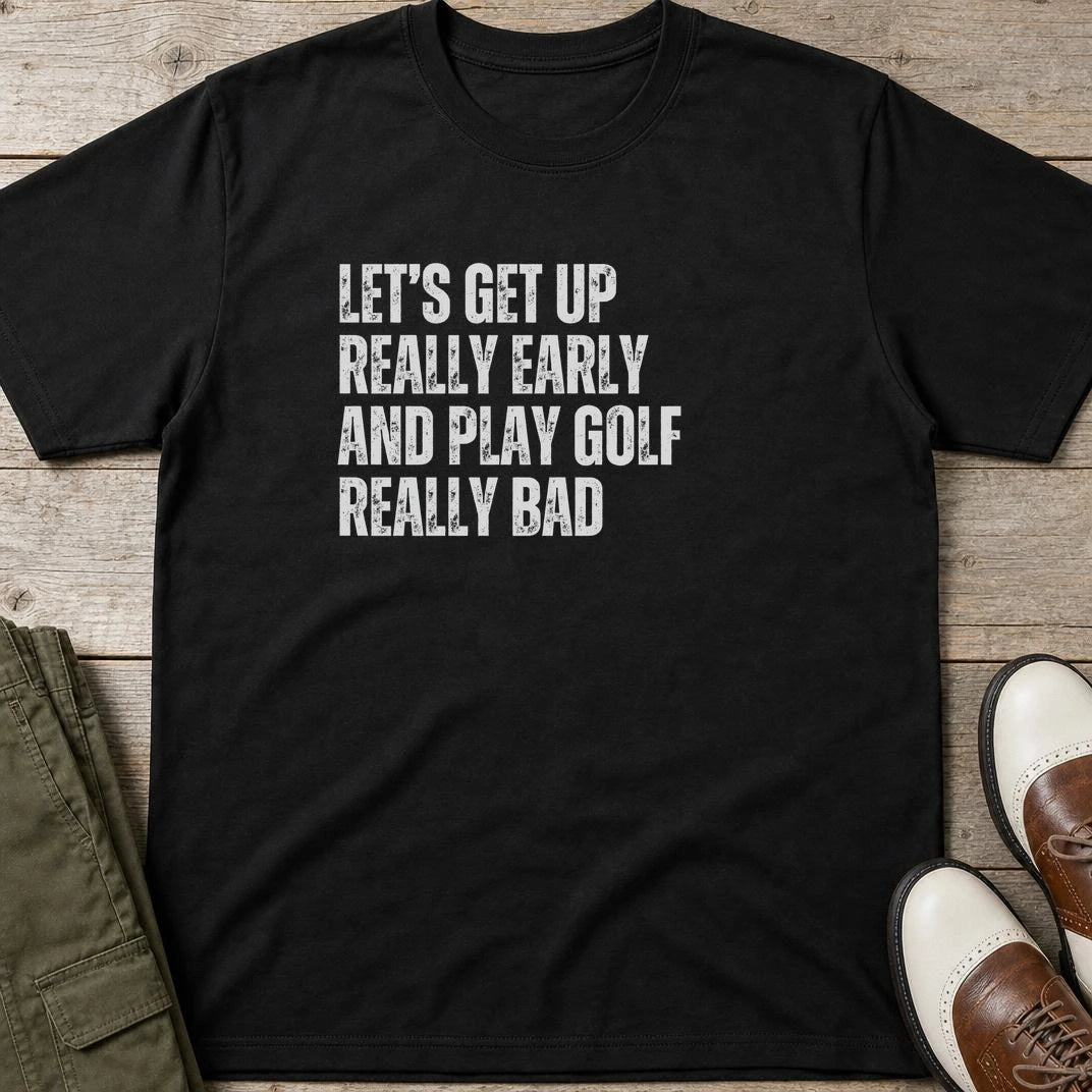 Really Early T-Shirt in Black lying on a plain floor. T-shirt is a unisex cut and 100 per cent cotton.