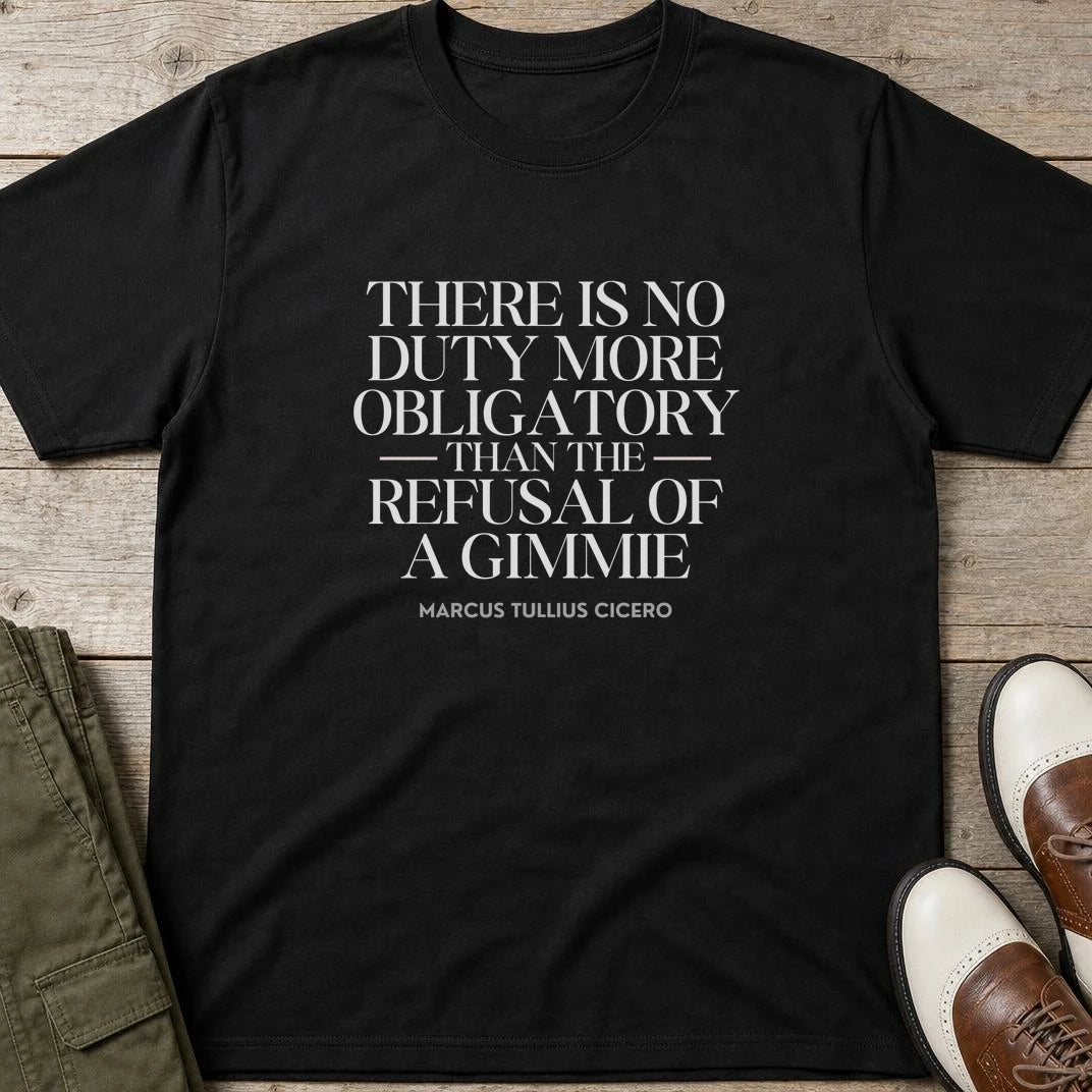 Refusal Of A Gimmie T-Shirt in Black lying on a plain floor. T-shirt is a unisex cut and 100 per cent cotton.