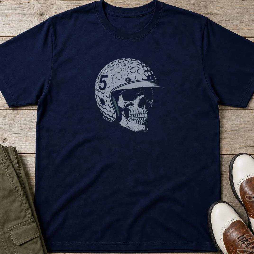 Skull Golfer T-Shirt in Navy lying on a plain floor. T-shirt is a unisex cut and 100 per cent cotton.