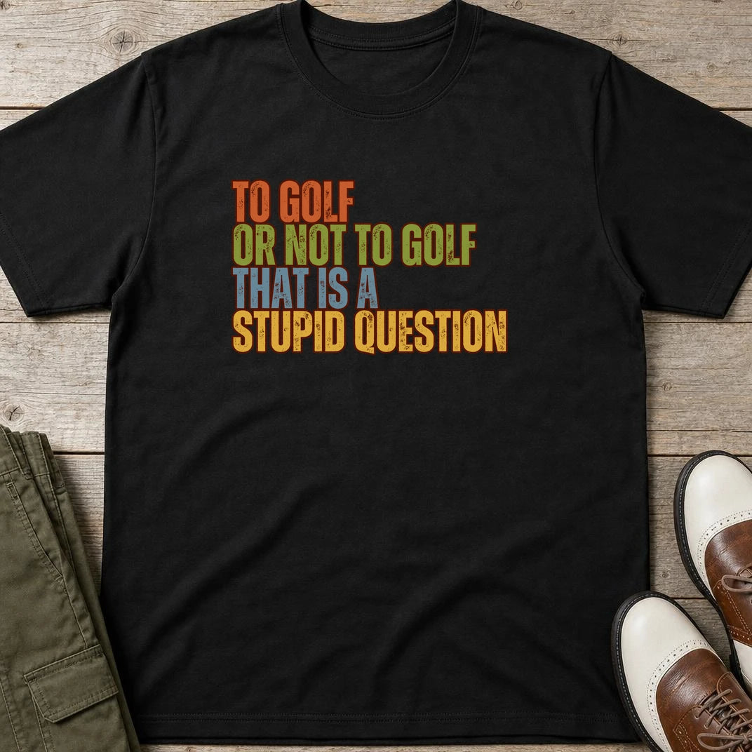 Stupid Question T-Shirt in Black lying on a plain floor. T-shirt is a unisex cut and 100 per cent cotton.