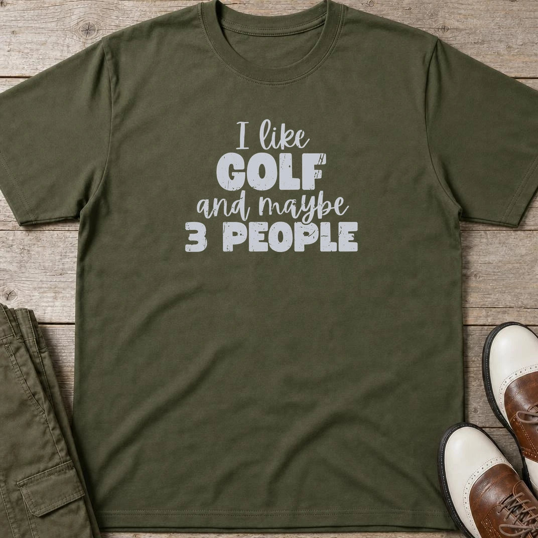 I Like Golf T-Shirt in Military Green lying on a plain floor. T-shirt is a unisex cut and 100 per cent cotton.