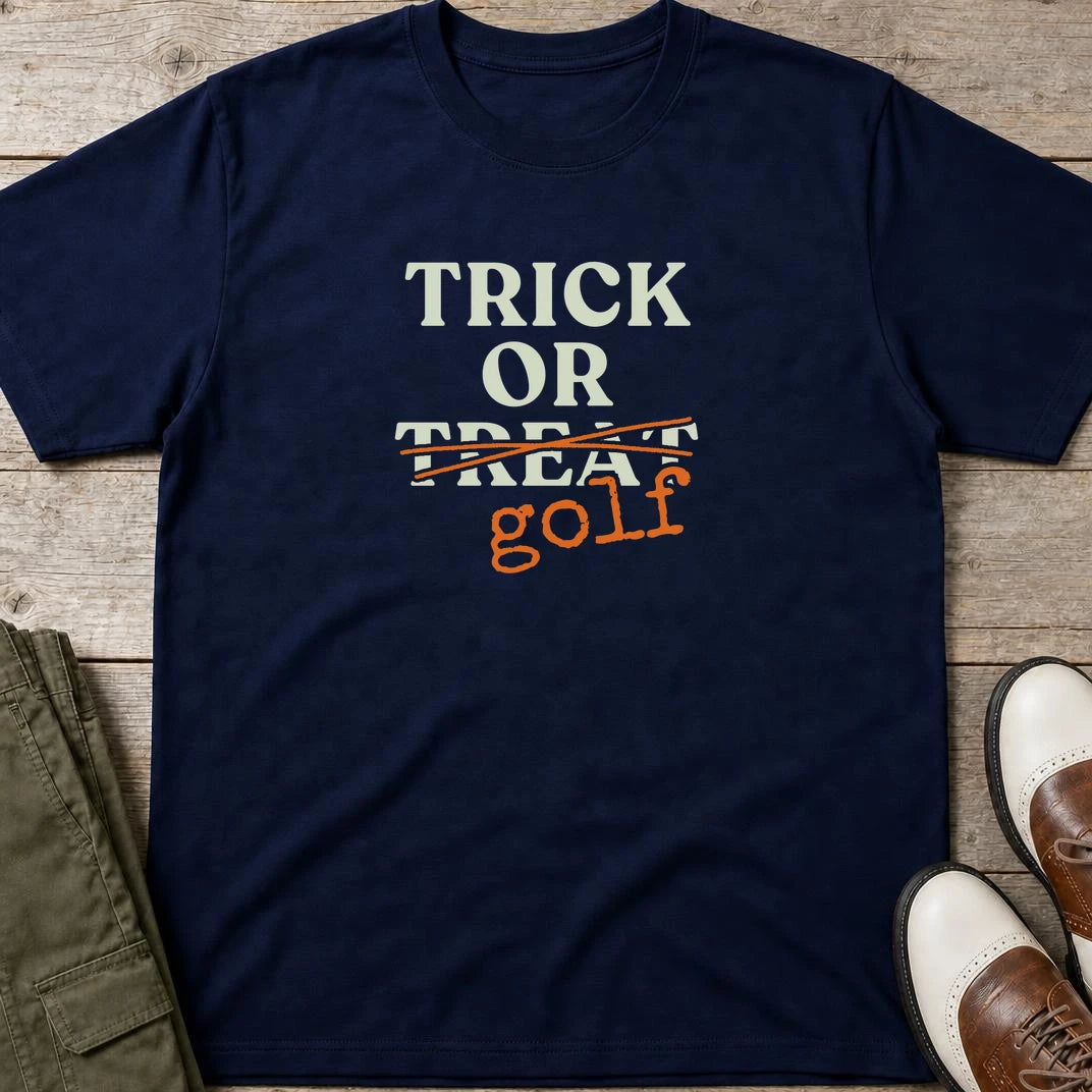 Trick Or T-Shirt in Navy lying on a plain floor. T-shirt is a unisex cut and 100 per cent cotton.