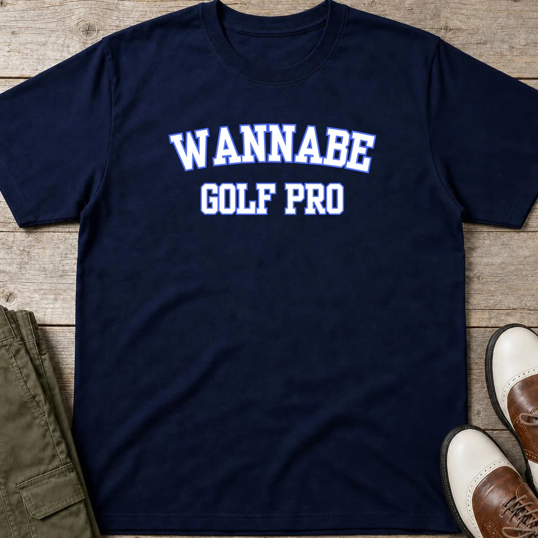 Wannabe II T-Shirt in Navy lying on a plain floor. T-shirt is a unisex cut and 100 per cent cotton.