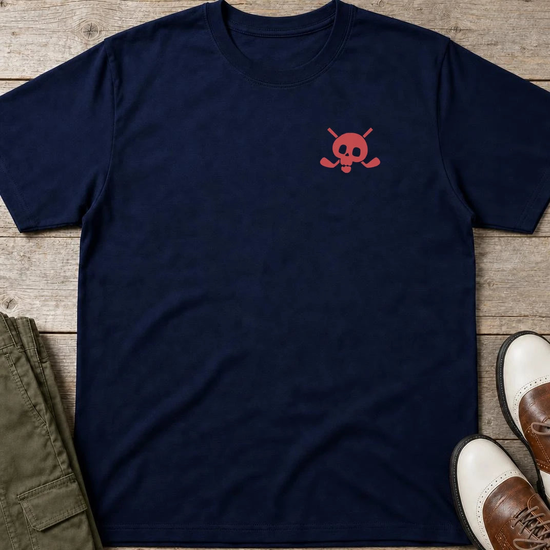 X-Bones Golf Pocket T-Shirt in Navy lying on a plain floor. T-shirt is a unisex cut and 100 per cent cotton.