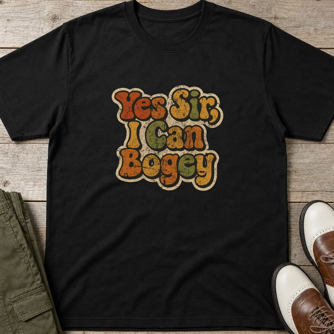 I Can Bogey T-Shirt in Black lying on a plain floor. T-shirt is a unisex cut and 100 per cent cotton.